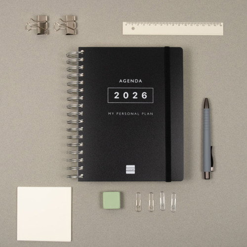 Finocam Agenda 2026 Tempus 1/4 Día Página Negro 626306026 155x217mm Tapa Dura Espiral Goma Elástica