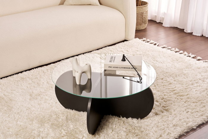 Nordure Mesa de Café Wood Black, Transparente. Moderna mesa de centro con vidrio templado, 75cm An x 35cm Al x 75cm Prof.