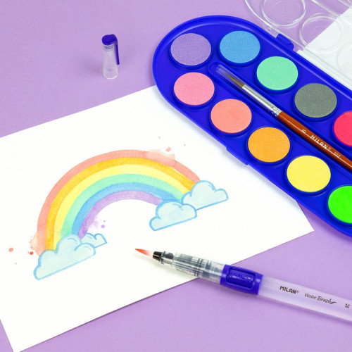 Milan 0531512 Pintura Acuarela Multi Paleta 12 Piezas Colores Fluo Metalizados Lavable Pincel Incluido Niño Niña