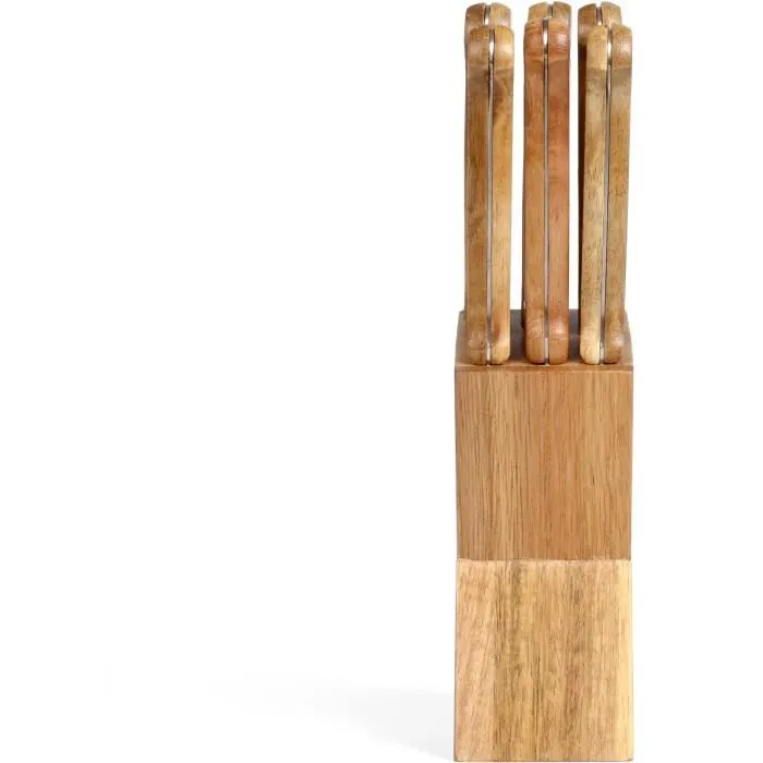 Livoo MEC133 Juego de 6 Cuchillos para Carne con Soporte, Acero Inoxidable, Madera de Acacia, 11 cm