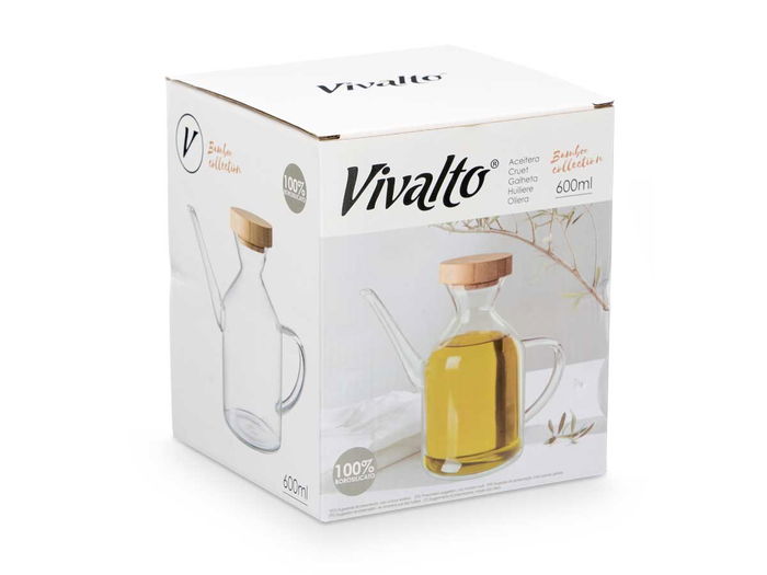 Vivalto Aceitera Tapón Bambú Vidrio Transparente 600 ml, 18 x 15.5 x 8.7 cm (Set de 12) Vivalto Aceitera Tapón Bambú Vidrio Transparente 600 ml, 18 x 15.5 x 8.7 cm (Set de 12)