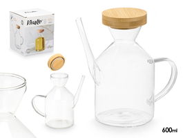 Vivalto Aceitera Tapón Bambú Vidrio Transparente 600 ml, 18 x 15.5 x 8.7 cm (Set de 12)