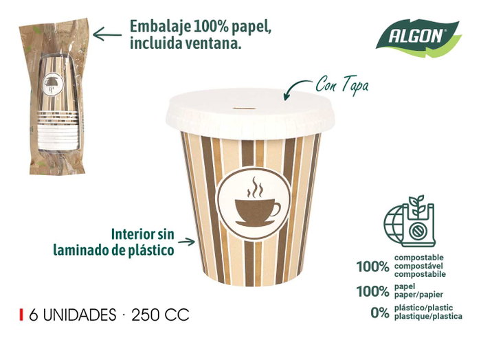 Algon Set 6 Vasos Cartón para Café con Tapa 250 cc (20 Unidades) Algon Set 6 Vasos Cartón para Café con Tapa 250 cc (20 Unidades)
