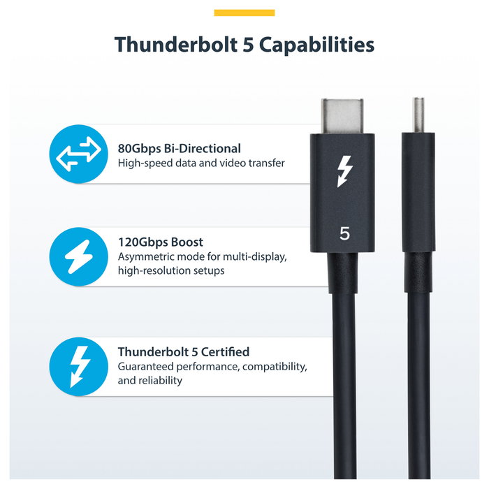 StarTech.com Cable Thunderbolt 5 TBLT5MM1M240W de 1 m, 80-120 Gbps, 240W, Negro