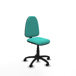 Silla de oficina Aýna con mecanismo Contacto permanente básico tapizada con Similpiel color Turquesa. Equipada con Base poliamida negra, Sin brazos y Ruedas de nailon 50 mm
