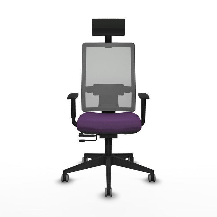 Silla de oficina Horna con mecanismo Sincro/Traslack tapizada con Tela color Morado y malla color Gris. Equipada con lumbar 1D, Brazos 1D, Cabecero Fijo y Ruedas 65 mm parqué