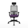 Silla de oficina Horna con mecanismo Sincro/Traslack tapizada con Tela color Morado y malla color Gris. Equipada con lumbar 1D, Brazos 1D, Cabecero Fijo y Ruedas 65 mm parqué