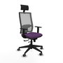 Silla de oficina Horna con mecanismo Sincro/Traslack tapizada con Tela color Morado y malla color Gris. Equipada con lumbar 1D, Brazos 1D, Cabecero Fijo y Ruedas 65 mm parqué