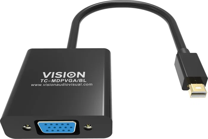 Vision TC-MDPVGA/BL Adaptador Mini DisplayPort a VGA, Resolución Máxima 1920x1080, Negro