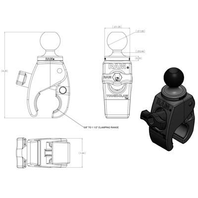 RAM Mounts RAM Tough-Claw Small Clamp Base con Bola para Carriles y Barras de 0.625" a 1.5"