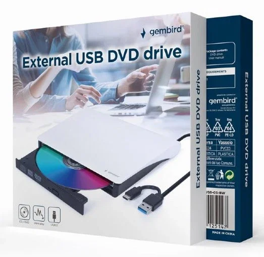 Gembird DVD-USB-031-BW Unidad DVD±RW Externa USB Tipo C Negro para Escritorio - Soporta CD-R, CD-RW, DVD+R, DVD-R, DVD-R DL