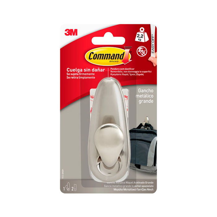 3M Command Gancho Metálico Grande fc13-bn, Níquel Pulido, 1 Unidad + 2 Tiras, Carga Máxima 2.2 kg