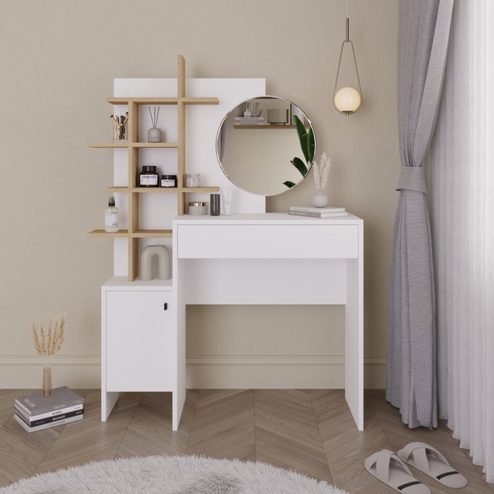 Hanah Home Mesa de Maquillaje Blanca y Roble con Espejo y Estantes, Tablero Melamina 105x151x35cm Hanah Home Mesa de Maquillaje Blanca y Roble con Espejo y Estantes, Tablero Melamina 105x151x35cm