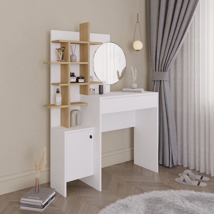Hanah Home Mesa de Maquillaje Blanca y Roble con Espejo y Estantes, Tablero Melamina 105x151x35cm Hanah Home Mesa de Maquillaje Blanca y Roble con Espejo y Estantes, Tablero Melamina 105x151x35cm