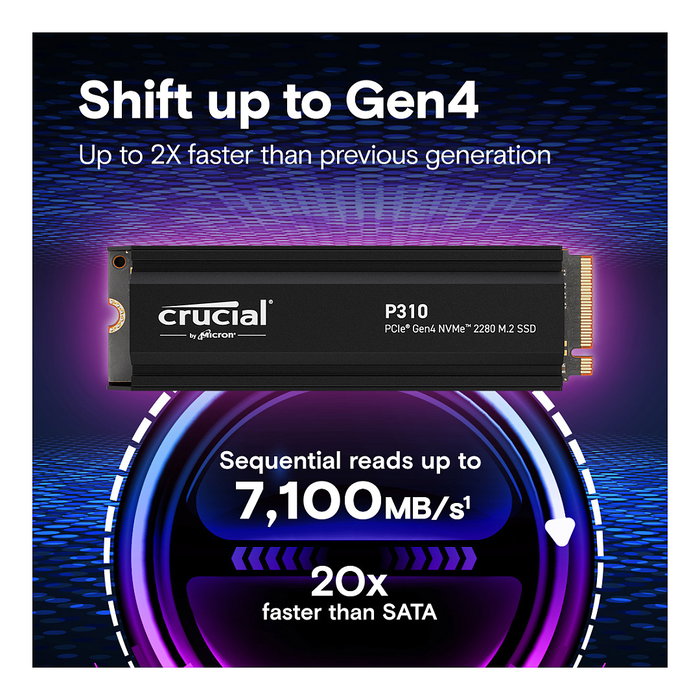 Crucial P310 SSD M.2 2280 4TB NVMe PCIe Gen4 con disipador - 7100 MB/s lectura, 6000 MB/s escritura - P310