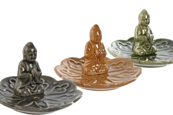 DKD Home Decor Soporte Incienso Oriental Gres Verde Mostaza Gris Buda 10.5 x 7 x 10.5 cm (12 Unidades)