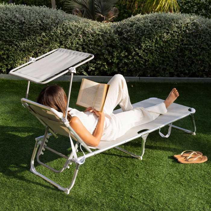 AKTIVE Tumbona Plegable de Aluminio con Textil y Parasol