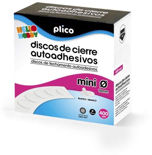 Plico Discos de cierre velcro autoadhesivo mini 10 mm blanco, caja de 400 unidades