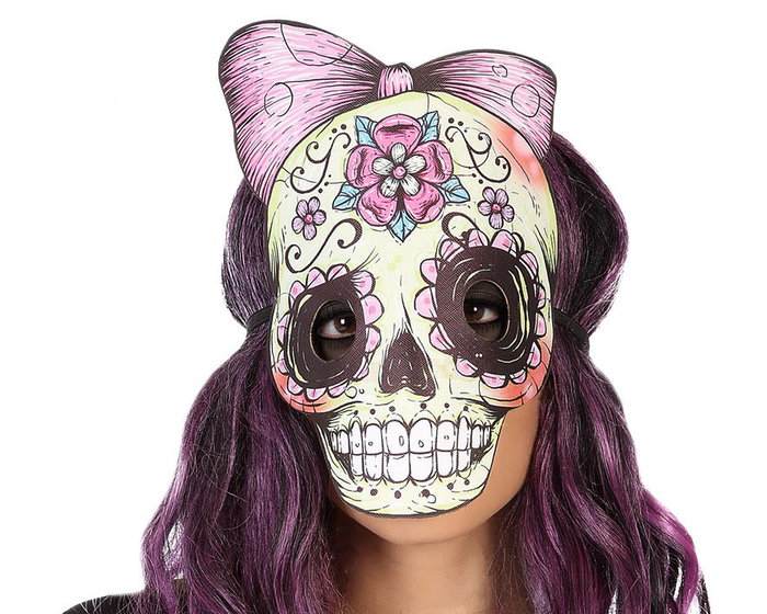 Máscara Calavera Blanca Con Lazo Y Flores Para Día De Los Muertos - Disfraz Catrina Femenina, Cultura Mexicana Máscara Calavera Blanca Con Lazo Y Flores Para Día De Los Muertos - Disfraz Catrina Femenina, Cultura Mexicana