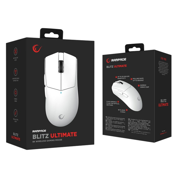 Rampage BLITZ ULTIMATE Ratón Inalámbrico Óptico 8K 30000DPI PAW3950 Blanco