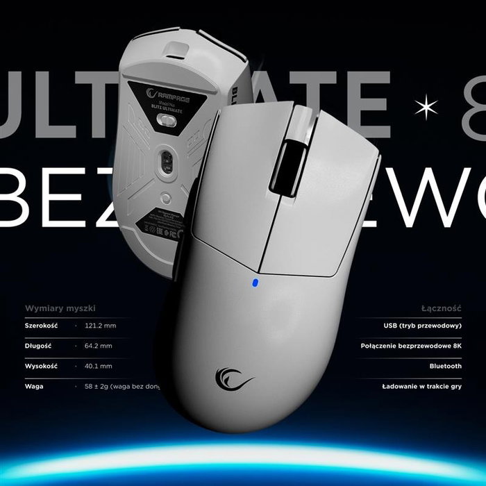 Rampage BLITZ ULTIMATE Ratón Inalámbrico Óptico 8K 30000DPI PAW3950 Blanco