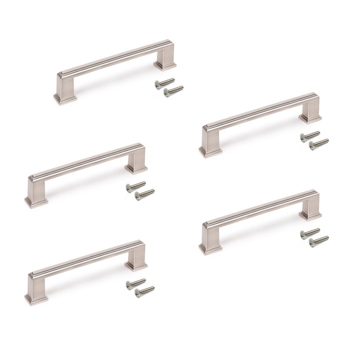 Emuca Lote de 5 tiradores para mueble Tanger, L147.5mm, intereje 128mm, Zamak, Níquel satinado Emuca Lote de 5 tiradores para mueble Tanger, L147.5mm, intereje 128mm, Zamak, Níquel satinado