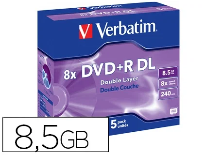 Verbatim DVD+R Doble Capa 8.5GB Velocidad 8x Pack 5 Unidades 240 Minutos Verbatim DVD+R Doble Capa 8.5GB Velocidad 8x Pack 5 Unidades 240 Minutos