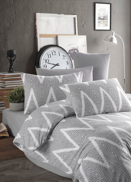 L'essentiel linge de maison Olivia - Grey Juego Funda Nórdica Individual, 100% Algodón Ranforce, Gris y Blanco, 160 x 220 cm