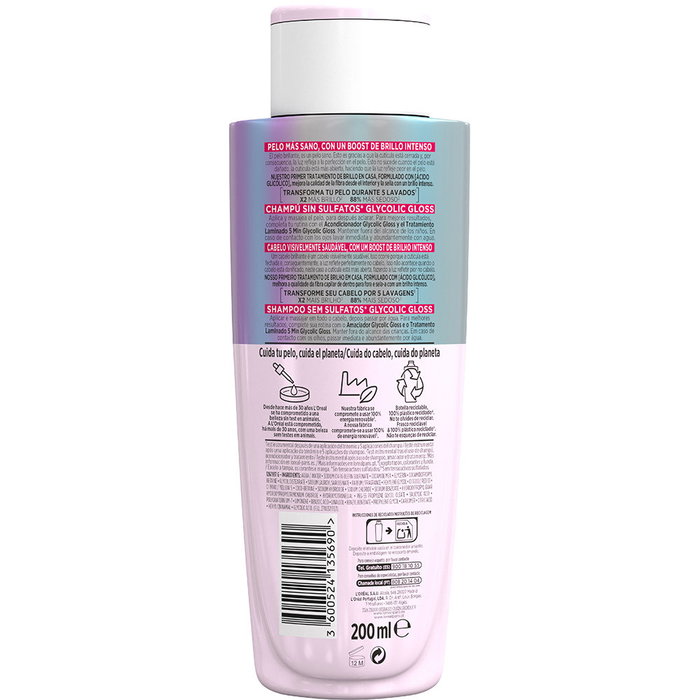 L'Oréal Paris Elvive Glycolic Gloss Champú Brillo - Hidratante con Ácido Glicólico, Repara y Sella Cabello, 200 ml