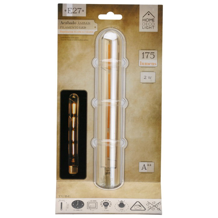 Home Deco Factory Bombilla Tubo E27 Filamento LED 2W Blanco Cálido Ambar 175 Lm 25.000h d.3cm h.22.5cm