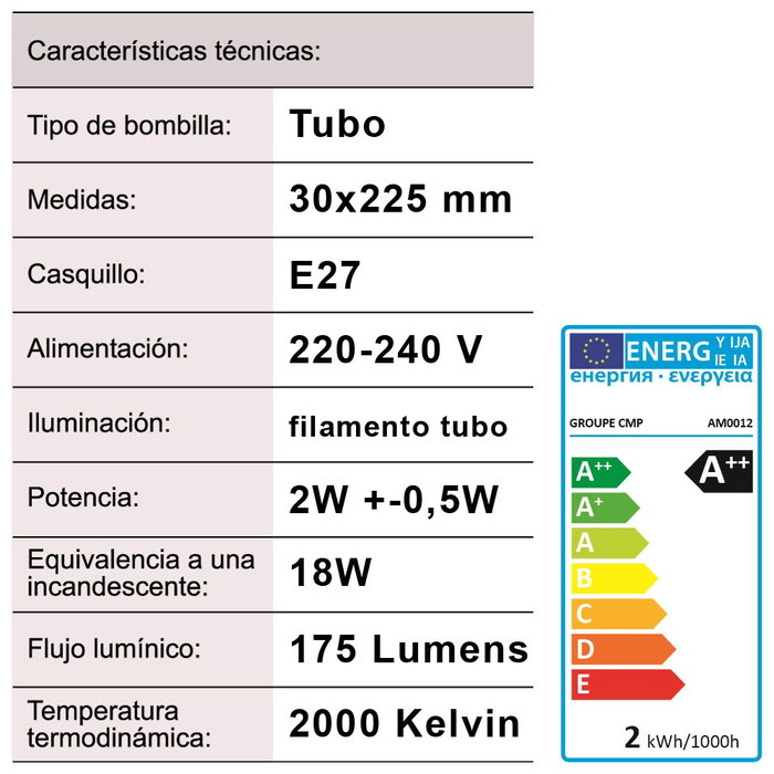 Home Deco Factory Bombilla Tubo E27 Filamento LED 2W Blanco Cálido Ambar 175 Lm 25.000h d.3cm h.22.5cm