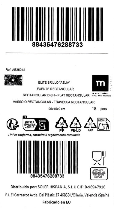 La Mediterranea Fuente Rectangular Aelia Elite Brillo 25 x 15 cm (18 Unidades)