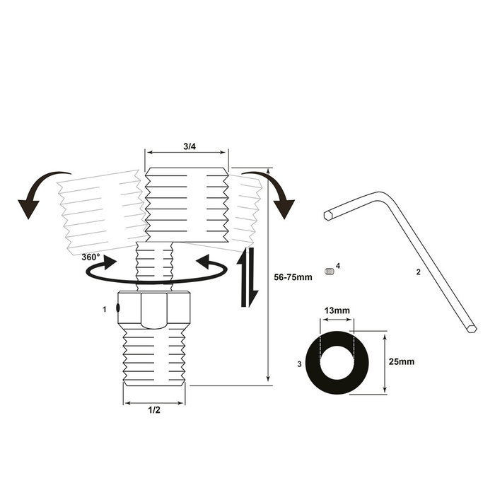 Verhal Kit Excéntricas Extensibles Largas Rotatorias 360°, Longitud 56-75 mm, Rosca 1/2" - 3/4" Pulgada, Inox 304 y NBR con Elementos Fijación Verhal Kit Excéntricas Extensibles Largas Rotatorias 360°, Longitud 56-75 mm, Rosca 1/2" - 3/4" Pulgada, Inox 304 y NBR con Elementos Fijación