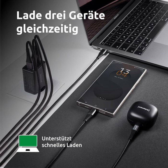 Intenso Cargador de Pared GaN W65ACC 65 W Negro con 2x USB-C y 1x USB-A