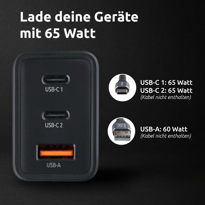 Intenso Cargador de Pared GaN W65ACC 65 W Negro con 2x USB-C y 1x USB-A