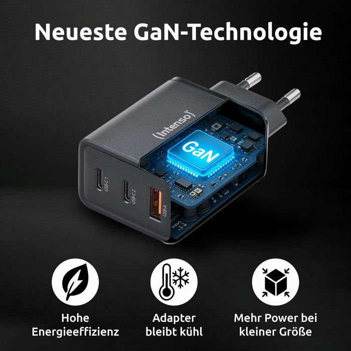 Intenso Cargador de Pared GaN W65ACC 65 W Negro con 2x USB-C y 1x USB-A