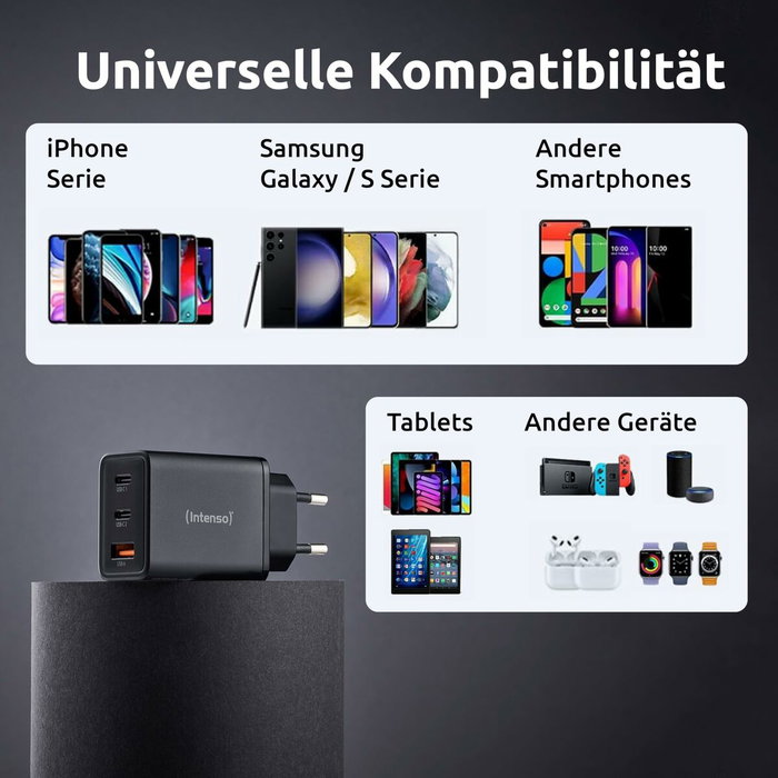 Intenso Cargador de Pared GaN W65ACC 65 W Negro con 2x USB-C y 1x USB-A