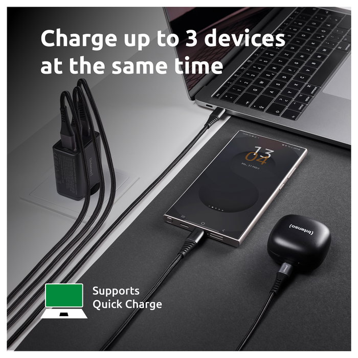 Intenso Cargador de Pared GaN W65ACC 65 W Negro con 2x USB-C y 1x USB-A