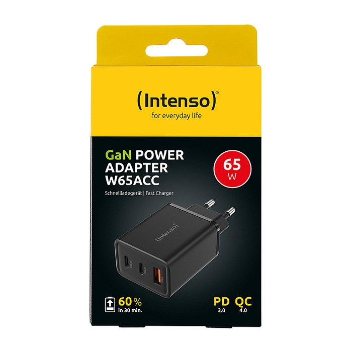 Intenso Cargador de Pared GaN W65ACC 65 W Negro con 2x USB-C y 1x USB-A