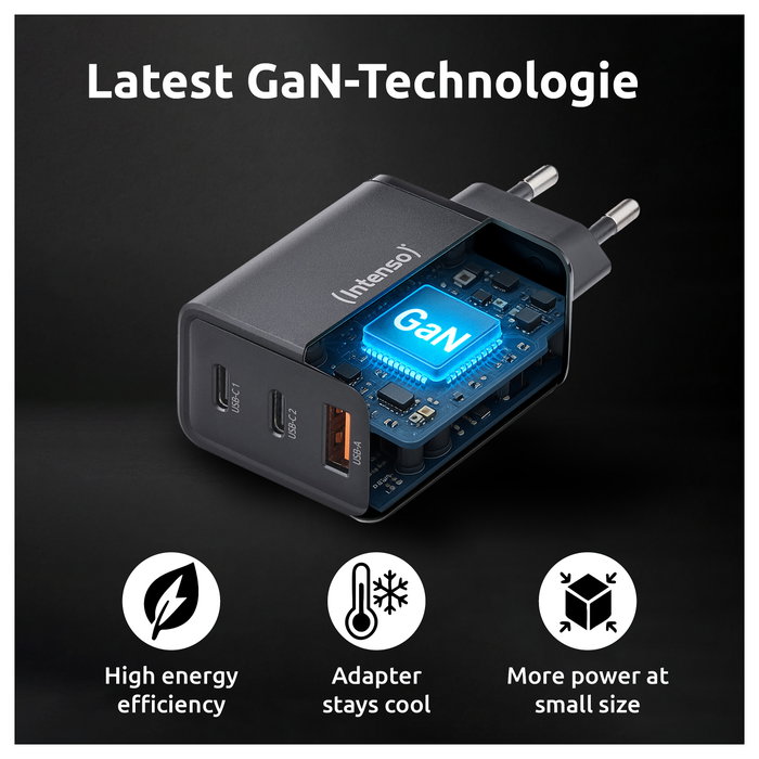 Intenso Cargador de Pared GaN W65ACC 65 W Negro con 2x USB-C y 1x USB-A