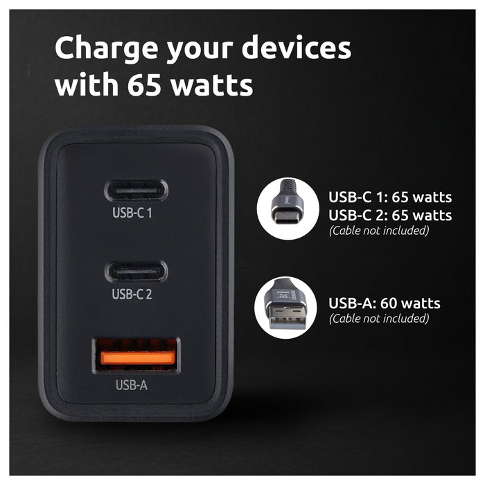 Intenso Cargador de Pared GaN W65ACC 65 W Negro con 2x USB-C y 1x USB-A