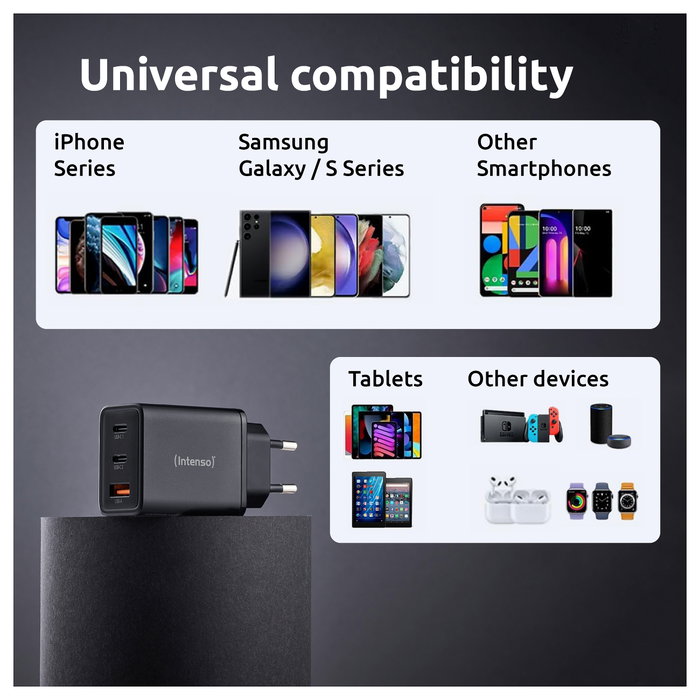 Intenso Cargador de Pared GaN W65ACC 65 W Negro con 2x USB-C y 1x USB-A