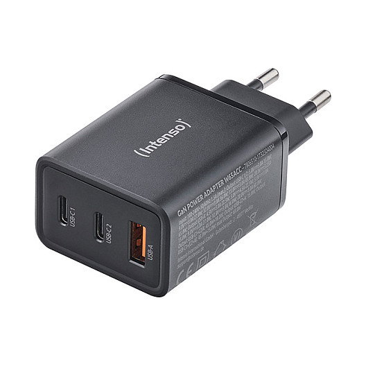 Intenso Cargador de Pared GaN W65ACC 65 W Negro con 2x USB-C y 1x USB-A