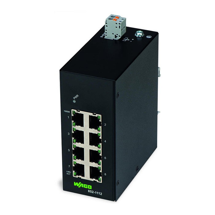 WAGO 852-1112 Switch Industrial ECO de 8 Puertos Gigabit (10/100/1000) Ethernet 1000BASE-T, Negro, Montaje en Rail DIN, IP30