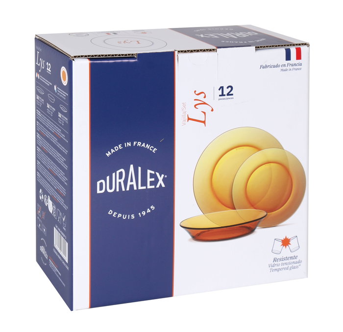 Duralex Vajilla LYS 12 Piezas Ambar - Platos y Cuenco de Vidrio Templado, 23.5 cm x 19.5 cm x 19 cm (2 Unidades)