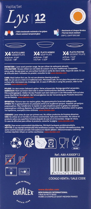 Duralex Vajilla LYS 12 Piezas Ambar - Platos y Cuenco de Vidrio Templado, 23.5 cm x 19.5 cm x 19 cm (2 Unidades)