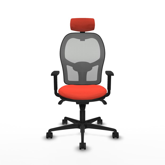Silla de oficina Jorquera con mecanismo Sincro tapizada con Tela color Naranja oscuro y malla color Gris. Equipada con lumbar 1D, Brazos 1D, Cabecero 2D y Ruedas 65mm nailon