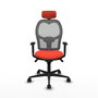 Silla de oficina Jorquera con mecanismo Sincro tapizada con Tela color Naranja oscuro y malla color Gris. Equipada con lumbar 1D, Brazos 1D, Cabecero 2D y Ruedas 65mm nailon