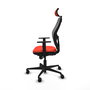 Silla de oficina Jorquera con mecanismo Sincro tapizada con Tela color Naranja oscuro y malla color Gris. Equipada con lumbar 1D, Brazos 1D, Cabecero 2D y Ruedas 65mm nailon
