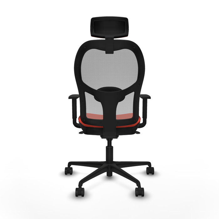 Silla de oficina Jorquera con mecanismo Sincro tapizada con Tela color Naranja oscuro y malla color Gris. Equipada con lumbar 1D, Brazos 1D, Cabecero 2D y Ruedas 65mm nailon